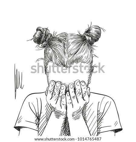 Sketch of teenage girl with two buns hairstyle covered her face with her palms, Hand drawn vector illustration