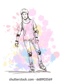 Sketch of teenager girl on rollers skating isolated on watercolor stains background, Hand drawn vector illustration