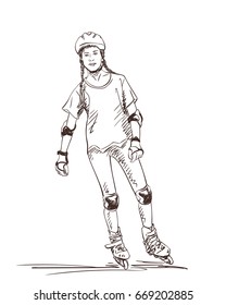 Sketch of teenager girl on rollers skating isolated on white background, Hand drawn vector illustration