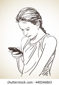 Sketch of teenager girl using smart phone, Hand drawn illustration