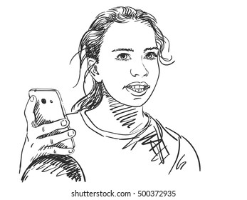 Sketch of teenager girl using smart phone, Hand drawn vector illustration