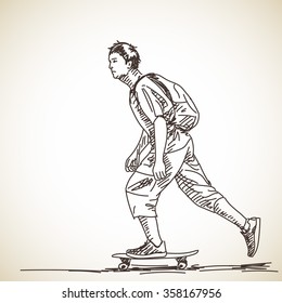Sketch of teenager on skateboard, Hand drawn illustration