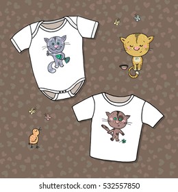 Sketch template of bodysuit and t-shirt for kids in front views with cute applique of kitty. Vector illustration for your fashion design, children's decor, and a children's holiday, baby shower.