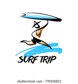 Sketch template logo for surf trip. Silhouette man with surfboard isolated on white background. 