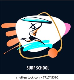 Sketch template logo for surf trip. Element design banner, poster for surfing school business. Minimalist modern sign. Silhouette freehand drawn man with surfboard. 
