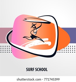 Sketch template logo for surf trip. Minimalist modern sign. Silhouette freehand drawn man with surfboard. Vector illustration.