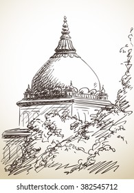 Sketch of temple behind tree, Hand drawn illustration