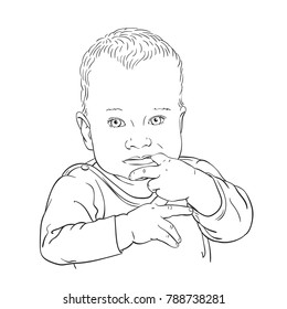Sketch of ten month old baby boy sucking his finger, Hand drawn vector line art illustration isolated on white background