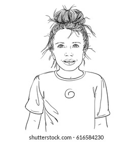 Sketch of ten years old girl with bun hairstyle, Hand drawn vector line art illustration