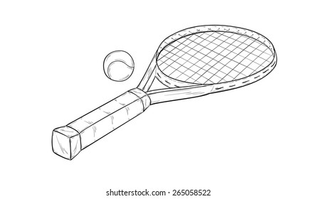 sketch of the tennis racquet and ball, isolated