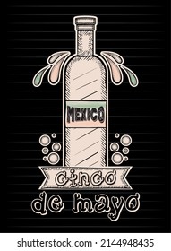 Sketch of a tequila bottle with ornaments Vintage cinco de mayo Vector