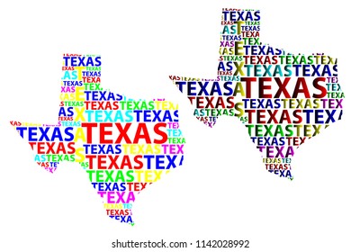 Sketch Texas (United States of America) letter text map, Texas map - in the shape of the continent, Map Texas - color vector illustration