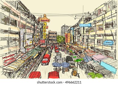 Sketch Thai Local Market Place In Chiangmai, Free Hand Draw Vector Illustration