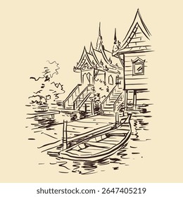 Sketch of Thai riverside house vector for illustration, card, decoration