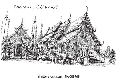 sketch of Thai temple asia style in Chiangmai, Wat Mahawan temple, hand draw illustration vector