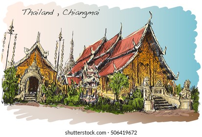 sketch of Thai temple in Chiangmai, Wat Mahawan temple, hand draw illustration vector