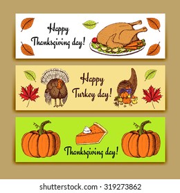 Sketch Thanksgiving banners in vintage style, vector