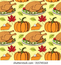 Sketch Thanksgiving seamless pattern in vintage style, vector