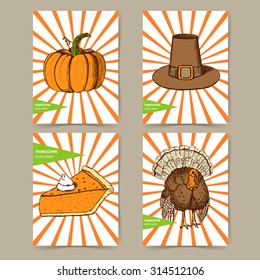 Sketch Thanksgiving set of posters in vintage style, vector. Hat, pumpkin, turkey and slice of pumpkin pie.