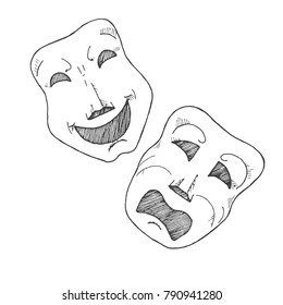 Sketch of theatrical masks. Tragedy and comedy. Vector
