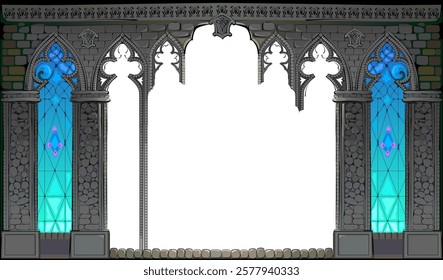 Sketch of theatrical scenery. Illustration of fantasy gothic stone wall in a fairy tale environment. Cover for kids book. Background for computer game, wallpaper, theater decoration. Vector drawing.