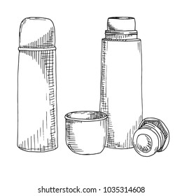 Sketch of a thermos. Vector illustration. Isolated on white background.