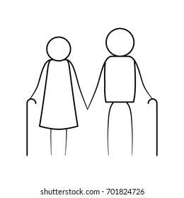 sketch thin contour of pictogram elderly couple with walking sticks in clothes vector illustration