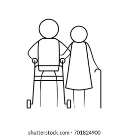 sketch thin contour of pictogram elderly couple with in man assistence walker and woman with stick in clothes vector illustration