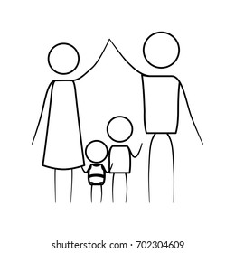 sketch thin contour of pictogram parents holding hands up and baby and boy in the middle of them vector illustration