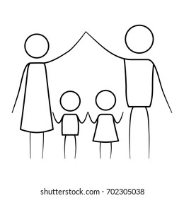 sketch thin contour of pictogram parents holding hands up and pair of children in the middle of them vector illustration