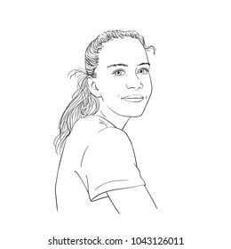 Sketch of thirteen year old girl shy smiling. Hand drawn vector linear illustration