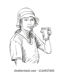 Esbozo de una mujer considerada en sombrero panama sosteniendo un vaso de bebida, ilustración vectorial dibujada a mano