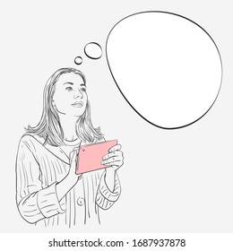 Sketch of thoughtful woman with tablet and thought bubble, touching screen and looking up sideways , Hand drawn vector linear illustration isolated