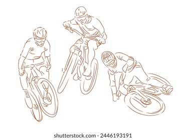 Sketch three bikers in action vector for design element.