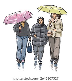Sketch of three casual city women under umbrellas walking outdoors together in rain, realistic hand drawing, vector illustration