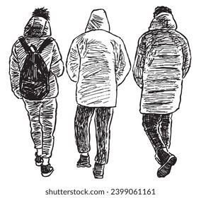 Sketch of three casual urban pedestrians walking together down street 