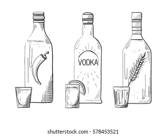 Sketch three different bottles of vodka. Pepper, classical and wheat. Vector illustration