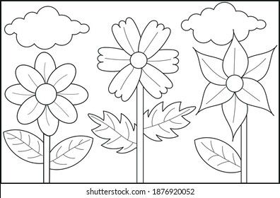 Sketch three different flowers with clouds for the children's coloring book
