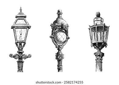 Sketch of three different vintage street lamps, retro ornate lanterns, vector hand drawing isolated on white