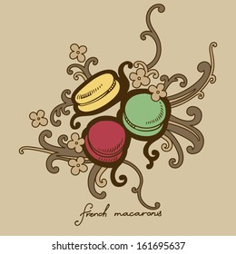 Sketch of three French macarons: vanilla, pistachio and raspberry. Vector illustration