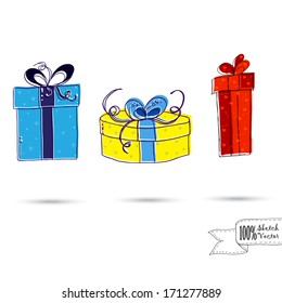 Sketch of Three Gift Boxes With Bows Isolated On The White Background