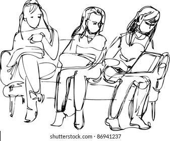 sketch of the three girls sitting on the couch one