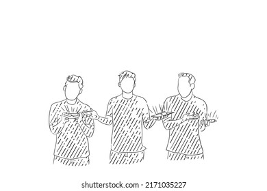 Sketch of three male friend playing smartphone together. Vector illustration design.