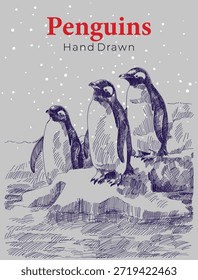 Dibuja tres pingüinos en bloques de hielo dibujados a mano eps