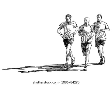 Sketch of three running men with long shadow, Hand drawn vector illustration
