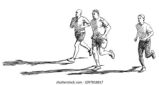 Sketch of three running men with long shadow, Hand drawn vector illustration