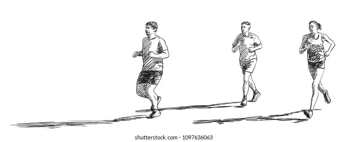 Sketch of three running people with long shadow, Hand drawn vector illustration