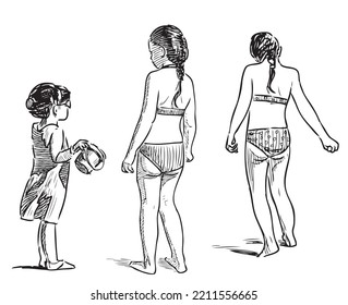 Sketch of three small sisters sunbathing on beach