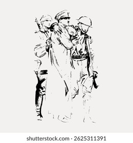 Sketch of three soldiers in uniform, one appears injured, supported by two others. Military theme, historical context, black and white illustration. Vintage character art illustration vector.