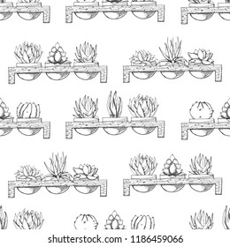 Sketch of three succulents in pots on a wooden stand. Vector illustration of a sketch style.Seamless pattern